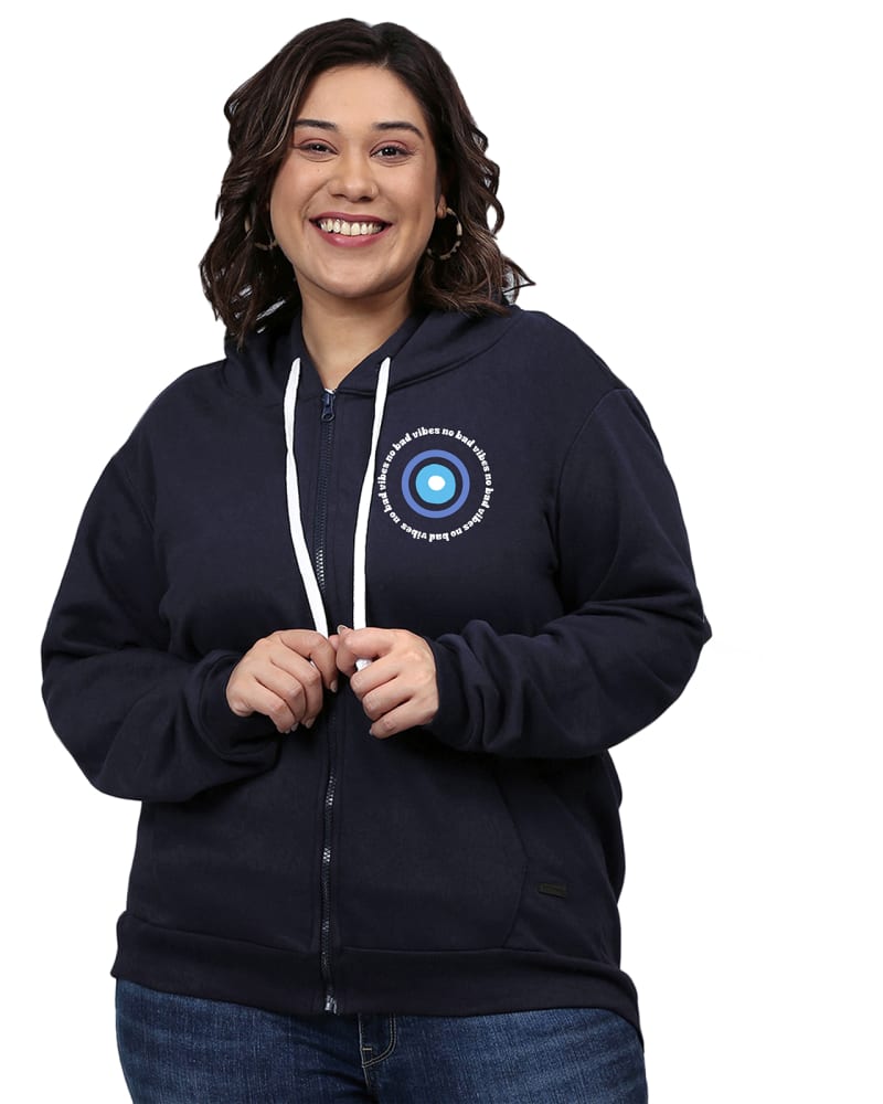 Front of a model wearing a size 6XL Navy Hooded "no bad vibes" Printed Sweatshirt in Navy by Instafab Plus. | dia_product_style_image_id:298314